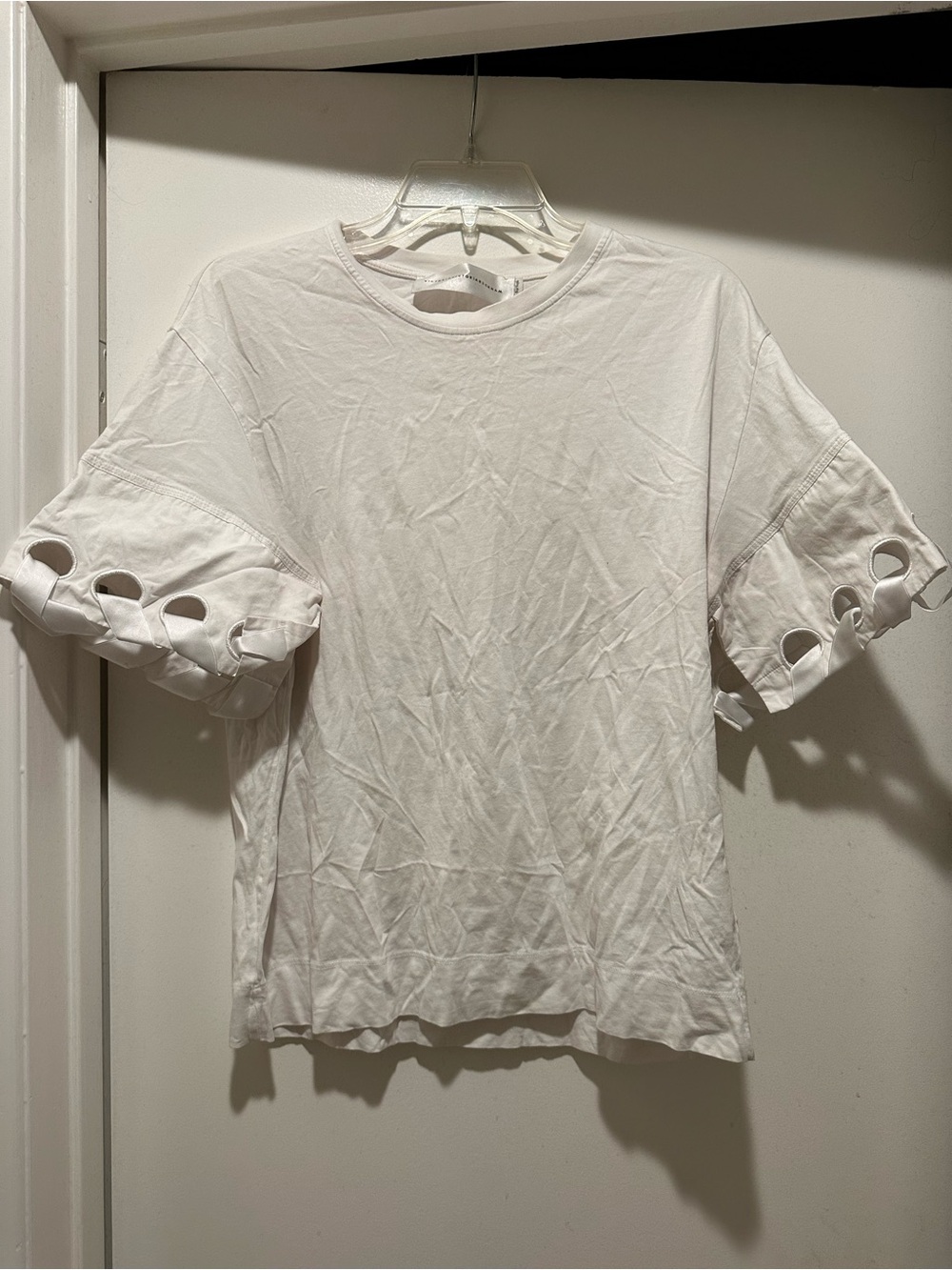 Victoria Beckham White Satin Ribbons Over T Shirt w Eyelet Sleeve Detail Small